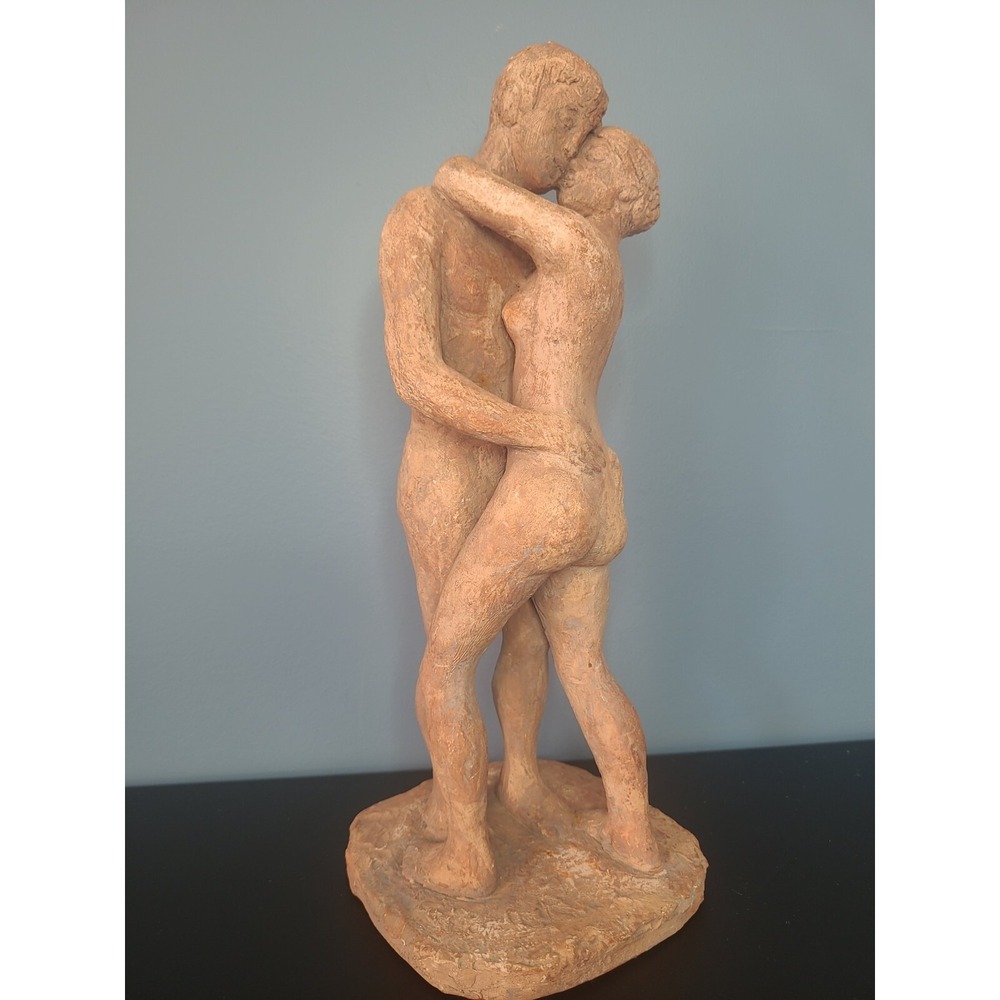 Vintage Art Sculpture Statue Embracing Kissing Lovers Couple Ceramic Modern Deco